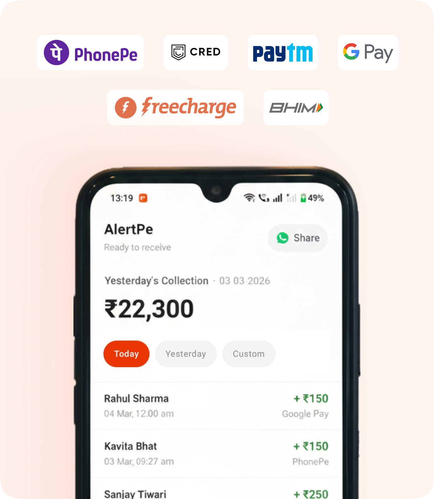 AlertPe UPI soundbox app screenshot showing instant payment voice alerts for Indian merchants