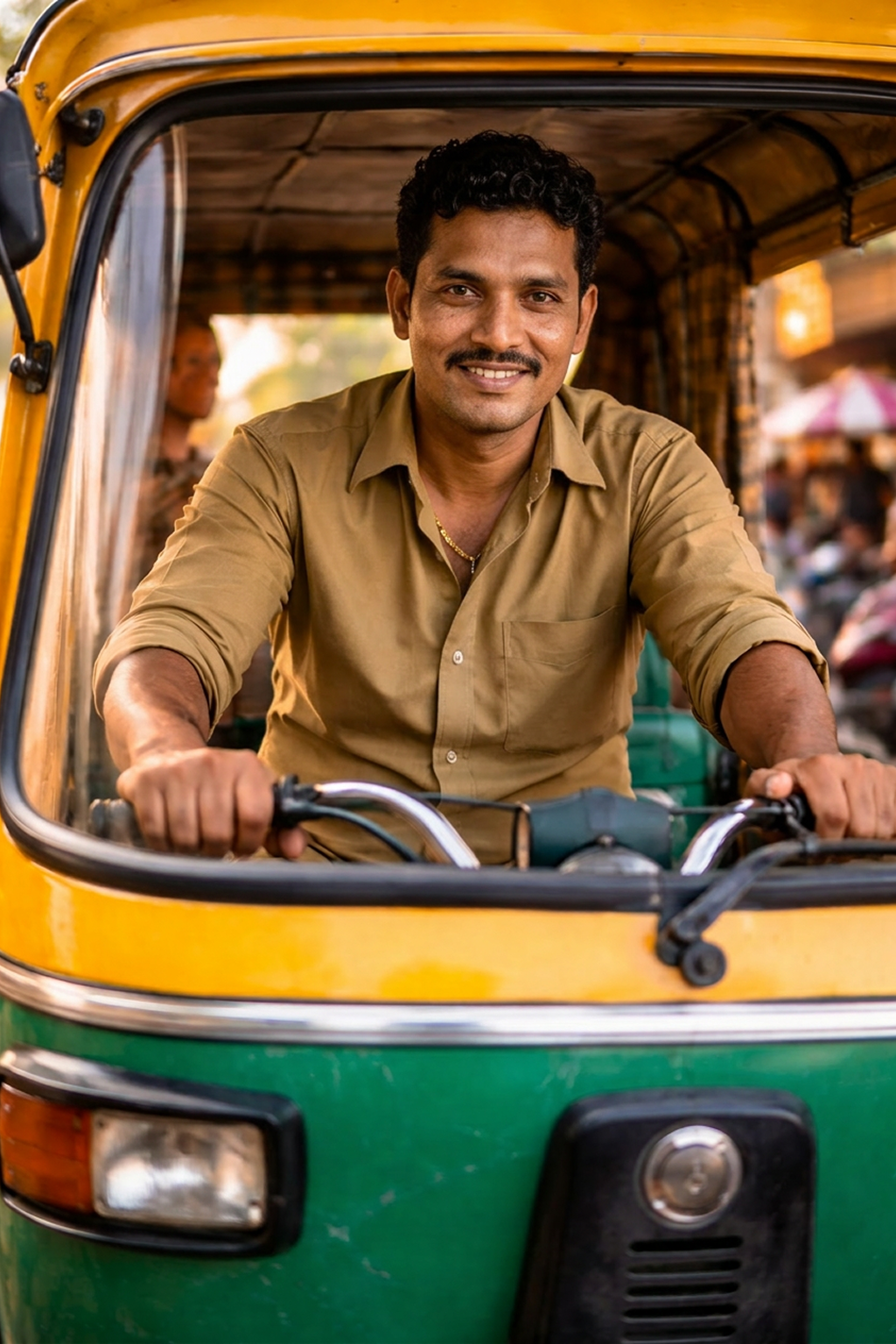 Indian auto rickshaw driver using UPI payment alert app on phone