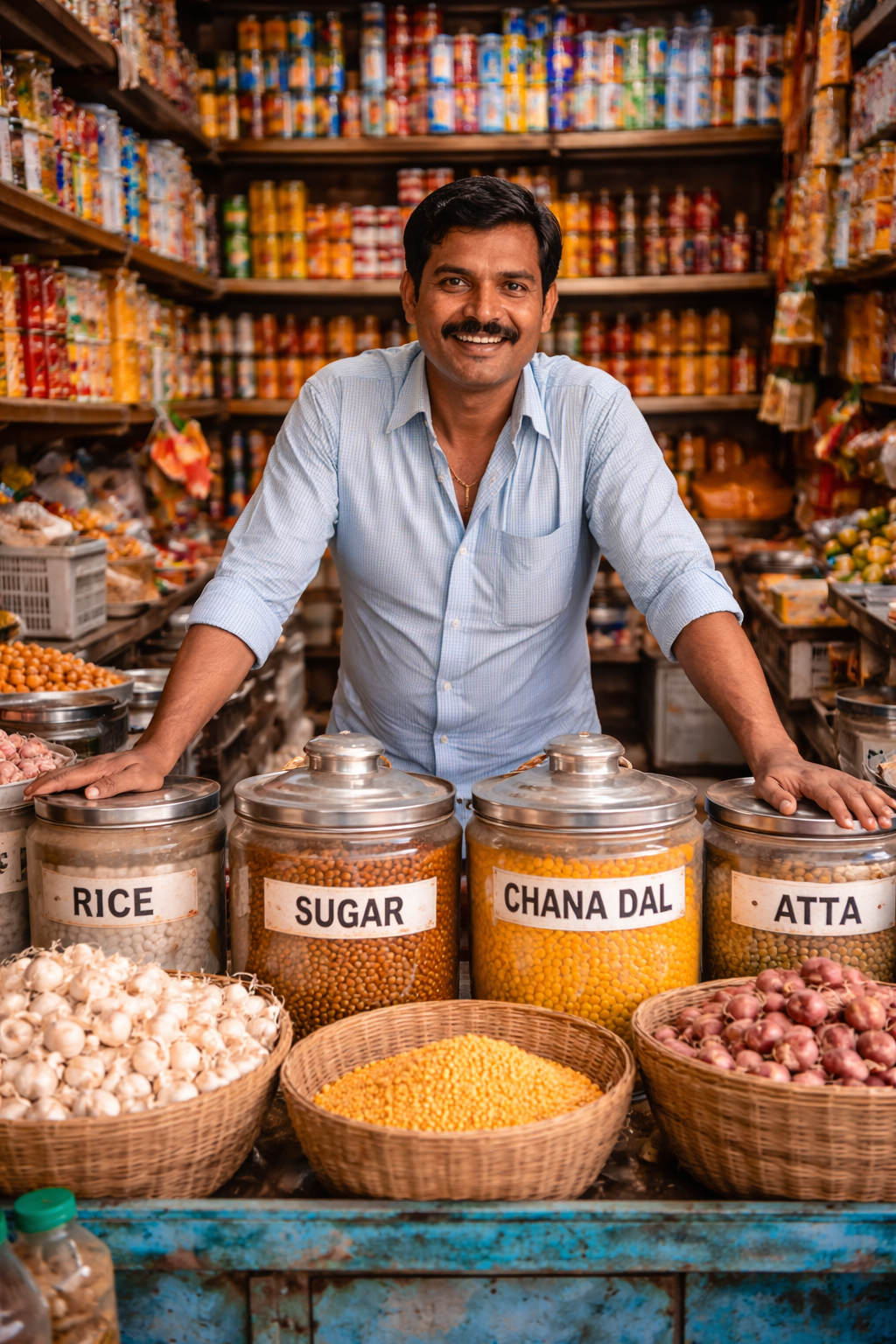Indian kirana store shopkeeper using mobile soundbox for UPI payments